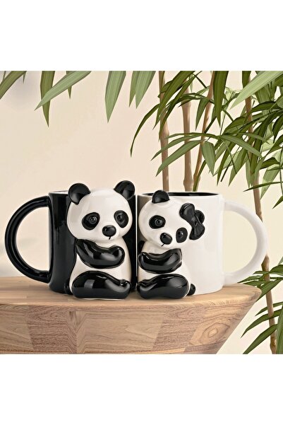 MIAMIO Set of 2 Couple Mugs in Love, Personalized with 3D Panda, Coffee/Tea, Ceramic, Black/White, 400 ml