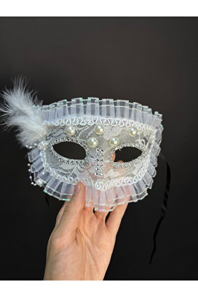 Hayalperest boncuk Lüks Beyaz Dantel İnci Tüy Venedik Maskesi | Maskeli Balo ...
