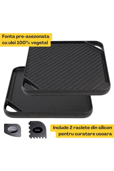 Crucible Cookware Square Grill Pan made of pre-seasoned cast iron, Crucible Cookware, with 2 reversible sides 27x27 cm
