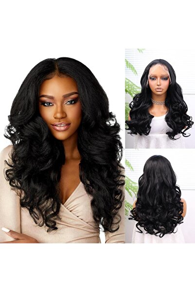 Nurdan Trend Peruk شعر مستعار من الألياف الاصطناعية المموجة باللون الأسود مع شعر أطفال