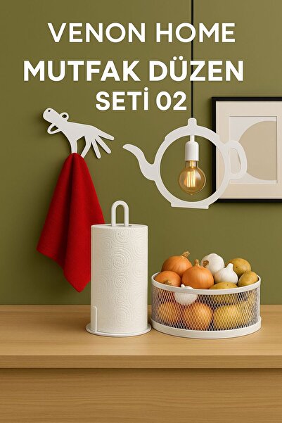 VENON No 2 White 4 Piece Kitchen Organizer Set Wall Hanger Chandelier Fruit Basket Paper Towel Holder Decor
