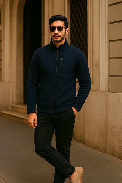 comstar Ανδρικό χειμερινό μπουφάν με φερμουάρ και τσέπες, μπλε ναυτικό φλις