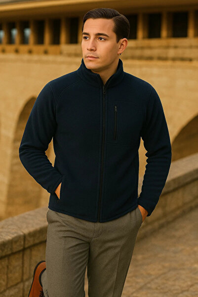 comstar Ανδρικό χειμερινό μπουφάν με φερμουάρ και τσέπες, μπλε ναυτικό φλις