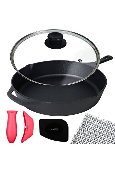 Crucible Cookware Τηγάνι από χυτοσίδηρο με γυάλινο καπάκι, Crucible Cookware, 26 cm, προ-καρυκευμένο