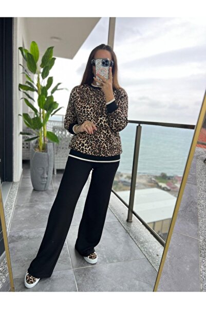 JANES Women's Long Sleeve Crew Neck Leopard Print Two Thread Blouse and Viscose Two Thread Pants Set
