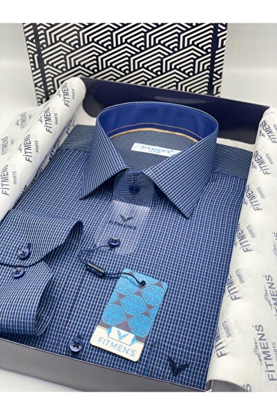 Fitmens Classic Long Sleeve Checkered Gift Boxed Men's Shirt Fs-004329 - Cobalt Blue