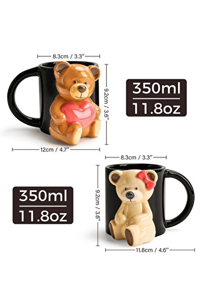 MIAMIO Set of 2 Couple Mugs in Love, Personalized with 3D Teddy Bears, Coffee/Tea, Ceramic, Black, 350 ml