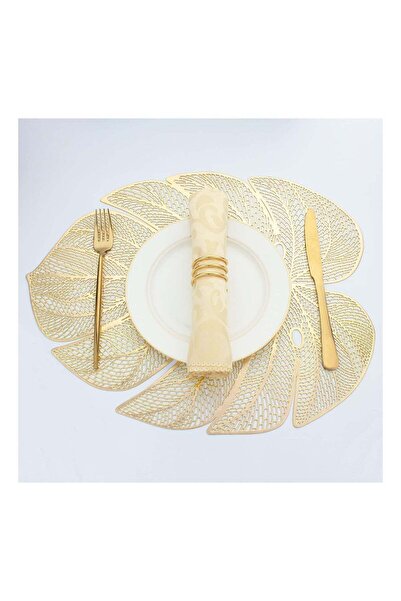 Generic SYOSI Gold Leaf Shaped Vinyl Placemats for Dinner Table Set of 6 Metallic Plastic Place Mats Wipeab