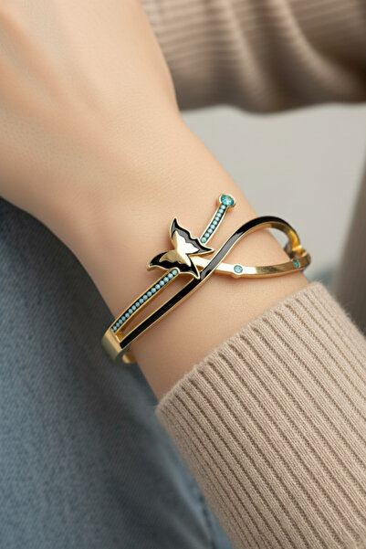 Modacaprea Çelik Kelebek Asimetrik Turkuaz Kelepçe Bileklik – 18 Cm Kadın Bil...