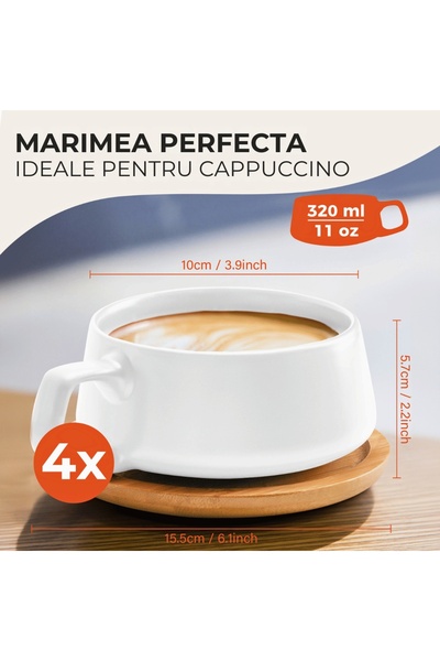 MIAMIO Set de 4 cești de cappuccino cu farfurie din bambus, colecția Luxe, ceramică, alb, 320 ml