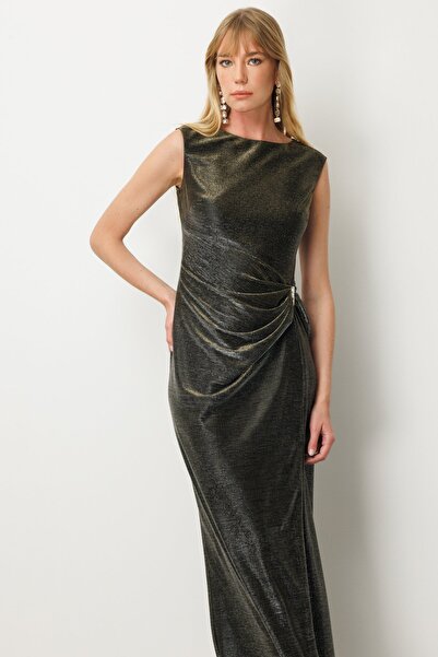 Ekol Parlak Kumaş Maxi Boy Abiye Elbise Vizon 5092-26k