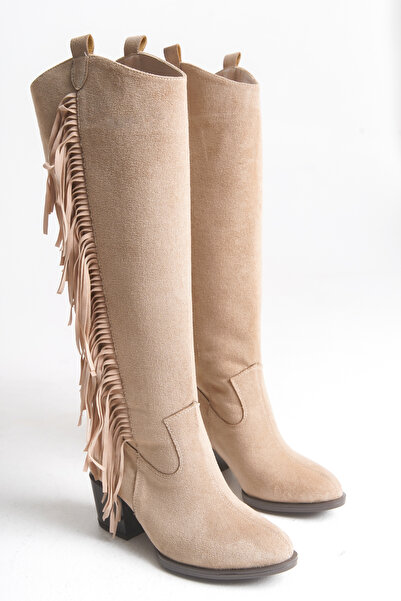 LDR Women's Beige Suede Western Heeled Tasseled Long Boots