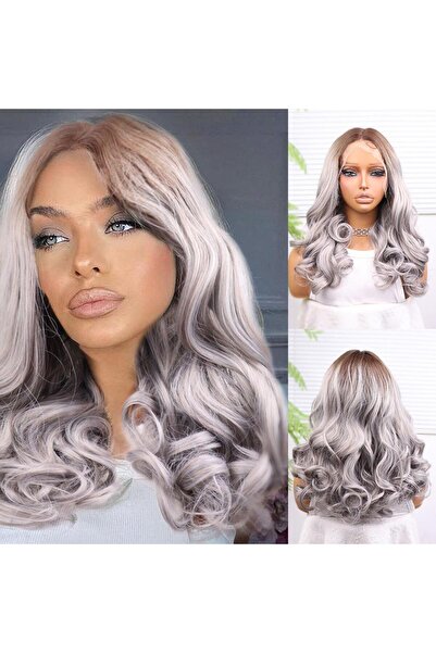 Nurdan Trend Peruk Light Auburn Grey Ombre Wide Wavy Fibre Synthetic Tulle Wi...