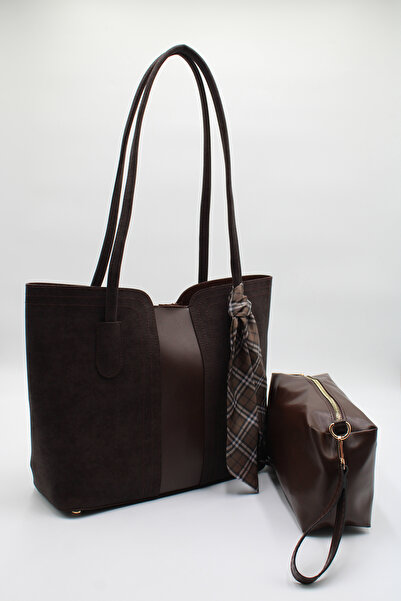 LASSO حقيبة يد وكتف نسائية كبيرة الحجم من الجلد السويدي مع تفاصيل وشاح بني اللون