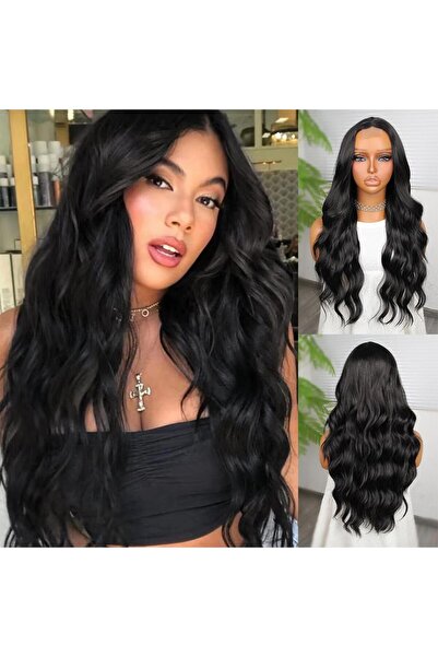 Nurdan Trend Peruk شعر مستعار من التول الصناعي المصنوع من الألياف المموجة باللون الأسود الداكن