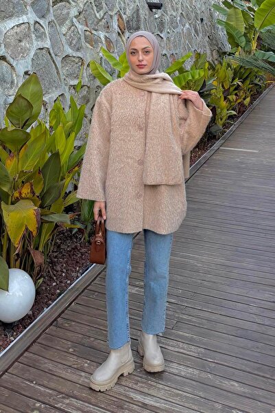 lamelif Μπουφάν με βελούδινο κασκόλ μπεζ