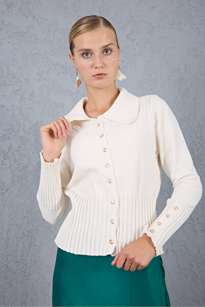 Moda Days Women's White Shirt Collar Wide Buttoned Cuffed Chenille Velvet Knitwear Cardigan