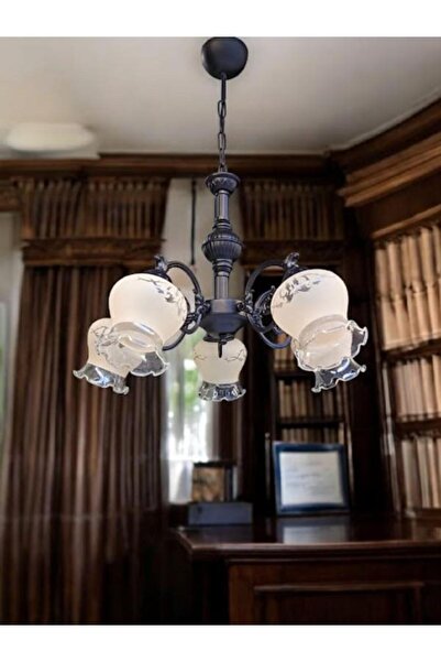 DEDE ÇİCEK KOL BEŞ KOLLU METAL ZAMAK AVİZE SİYAH STATİK BOYALI MAT SOMON CAMLI