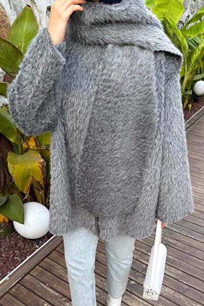 lamelif Μπουφάν με βελούδινο κασκόλ Γκρι