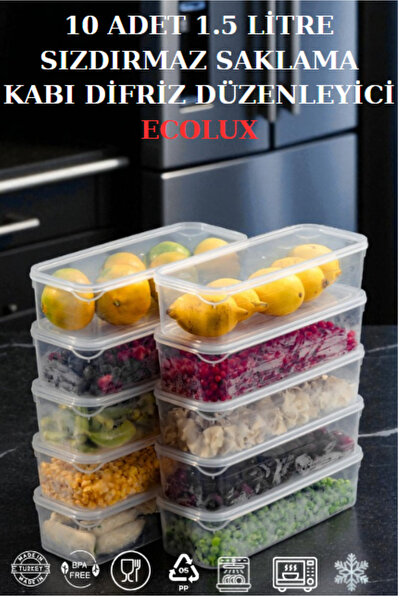 Ecolux 1,5 Litre 10 Adet Hava Almaz Saklama Kabı Difriz Düzenleyici Buzdolabı Düzenleyici - %100 Sızdırmaz