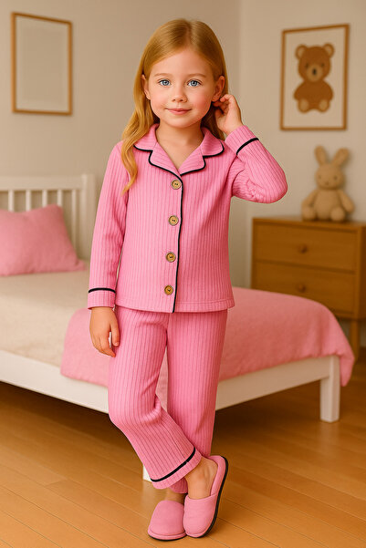 minikiss Kıl Piped Detail İnetrlok Girls' Nightgown Pajamas