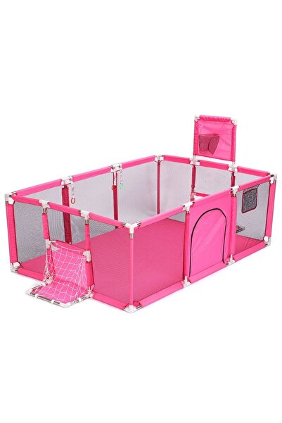 LUDIRO XXL Playpen for Children, With Gate and Basket, Zipper, Stainless Steel Frame, Pink, 235x129x66 Cm