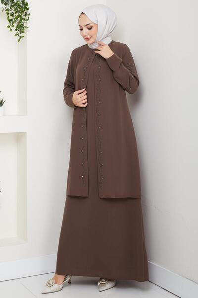hafsamina Plus Size Beaded Stones Mother Dress Brown Hm2693