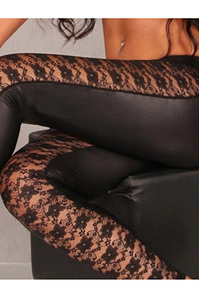 Butik Women's High Waist Lace Detailed Leather Leggings