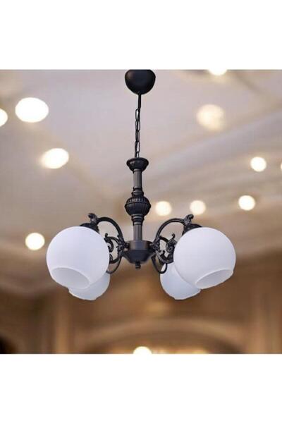 DEDE ÇİCEK KOL DÖRT KOLLU METAL ZAMAK AVİZE SİYAH STATİK BOYALI MAT BEYAZ CAMLI