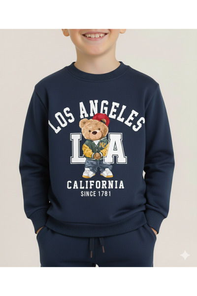 LİTTLE TORTOİSE Winter Fleece-Lined Boys' Swaetshirt Tracksuit Set Bottom Top 2Piece Set