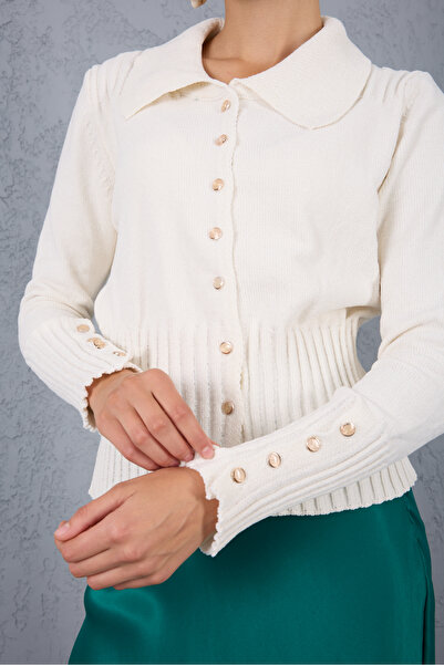 Moda Days Women's White Shirt Collar Wide Buttoned Cuffed Chenille Velvet Knitwear Cardigan