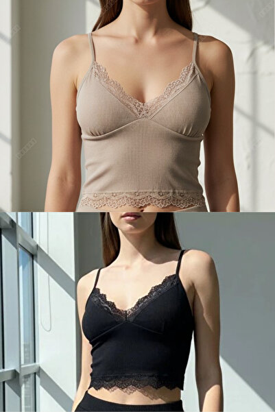 Fanwet Women's Crop Strappy Lace Bustier Blouse with Removable Pads, Set of 2