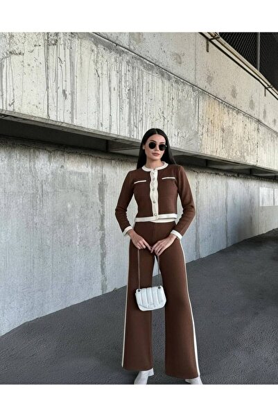 Miss Beyoğlu Set de două piese din tricot cu dungi pentru femei – Jachetă cu ...