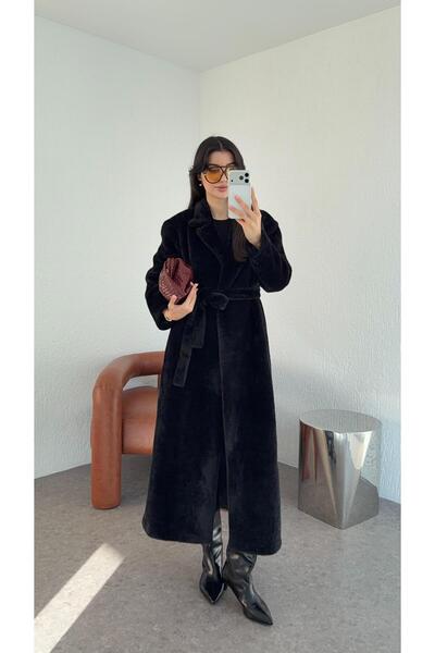 HAZELANNA Kuşaklı Premium Siyah Uzun Kürk