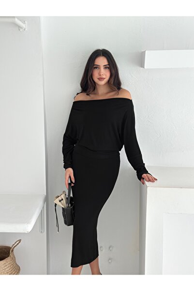 FEWTİNT Blouse with Asymmetrical Neckline, Long Sleeves with Cuffs and Open Shoulders. Elastic Waist Midi Length Skirt.