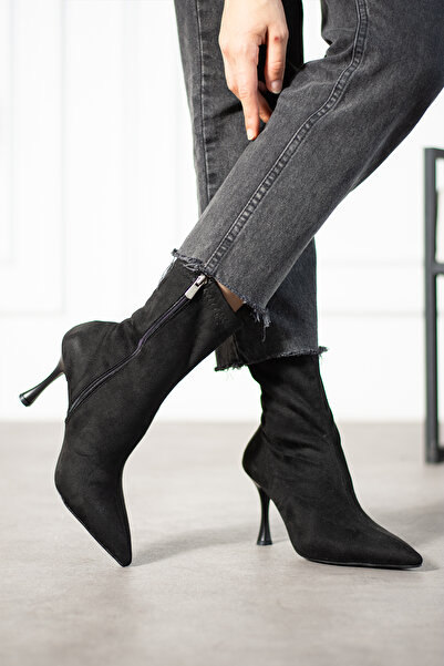 dabab shoes Women's Marya Black Stretch Luxury Suede Side Zipper Pointed Toe Thin Heeled Boots