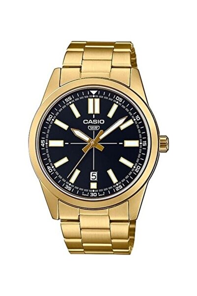 Casio Men's Black Dial Stainless Steel Gold Ion Plated Band Analog Wrist Watc...