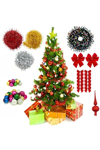 GARDEON Brad de Crăciun artificial 180 cm, 380 crengi, suport metalic, decorat, 100 LED-uri