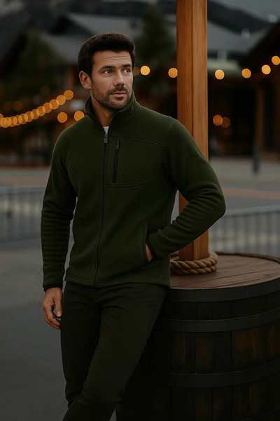 comstar Ανδρικό χοντρό χειμωνιάτικο μπουφάν με φερμουάρ, χακί φλις