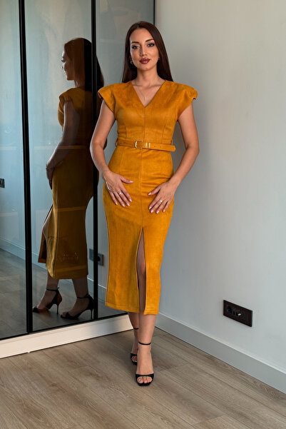 PATEVA Midi Boy Vatkalı Süet Elbise