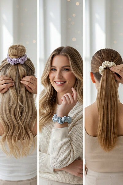 Salvia Dione 3-Piece Women's Satin Hair Scrunchie Set - Luxurious Silk-Look Tie Scrunchie Bun Night Hair Tie Set