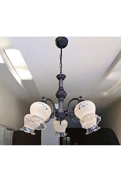 DEDE ÇİCEK KOL BEŞ KOLLU METAL ZAMAK AVİZE SİYAH STATİK BOYALI MAT SOMON CAMLI