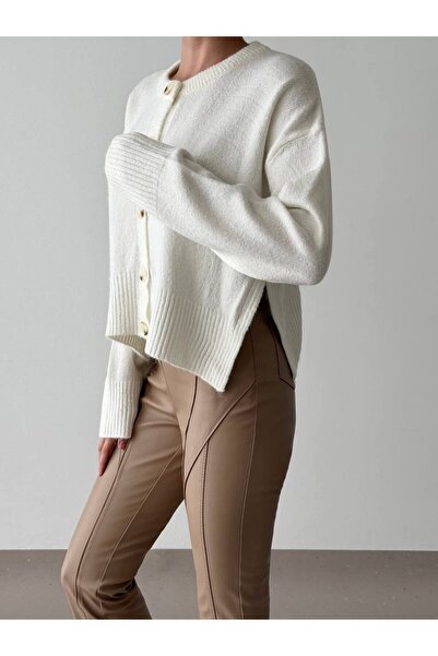 franky B Cardigan tricotat cu nasturi pentru femei cu fantă guler rotund