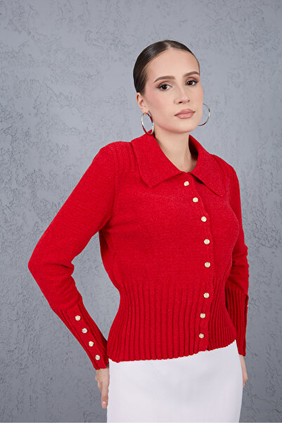 Moda Days Women's Red Shirt Collar Wide Buttoned Cuffed Chenille Velvet Knitwear Cardigan