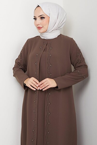 hafsamina Plus Size Beaded Stones Mother Dress Brown Hm2693