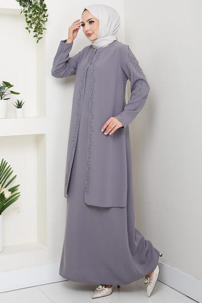 hafsamina Plus Size Beaded Stones Mother Dress Gray Hm2693