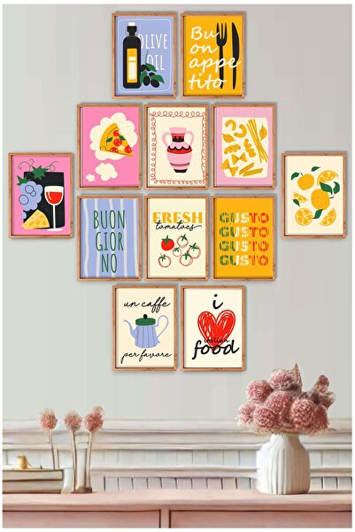 UNT Mutfak Temalı 12 Parça Renkli Dekoratif MDF Tablo Seti | Buon Appetito Koleksiyonu
