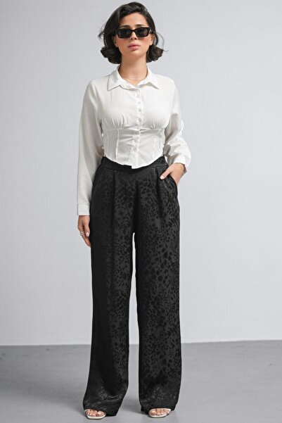 Hisleria Leopard Pattern Viscose Fabric Satin Trousers with Elastic Back and Side Zipper Black