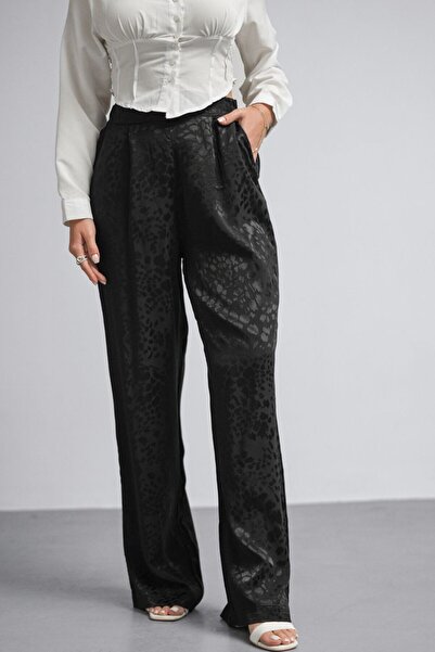 Hisleria Leopard Pattern Viscose Fabric Satin Trousers with Elastic Back and Side Zipper Black