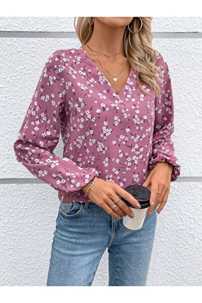 civetta Womenlong Sleeve V Neck Floral Print Modal Blouse